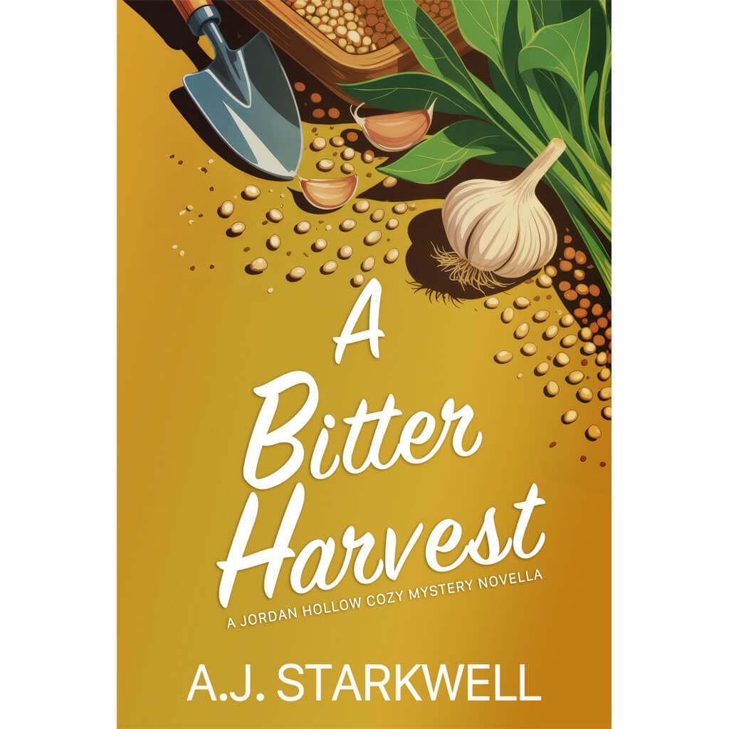 A Bitter Harvest book cover featuring gardening trowel, legumes and seeds against a golden background