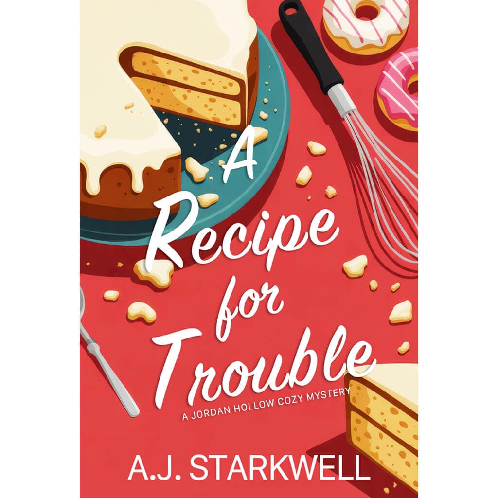 A Recipe for Trouble book cover featuring cooking utensils against a reddish pink background
